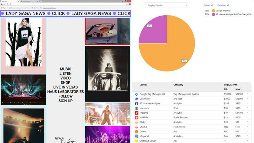 Report sito Lady Gaga analizzato con lo Spy Tool