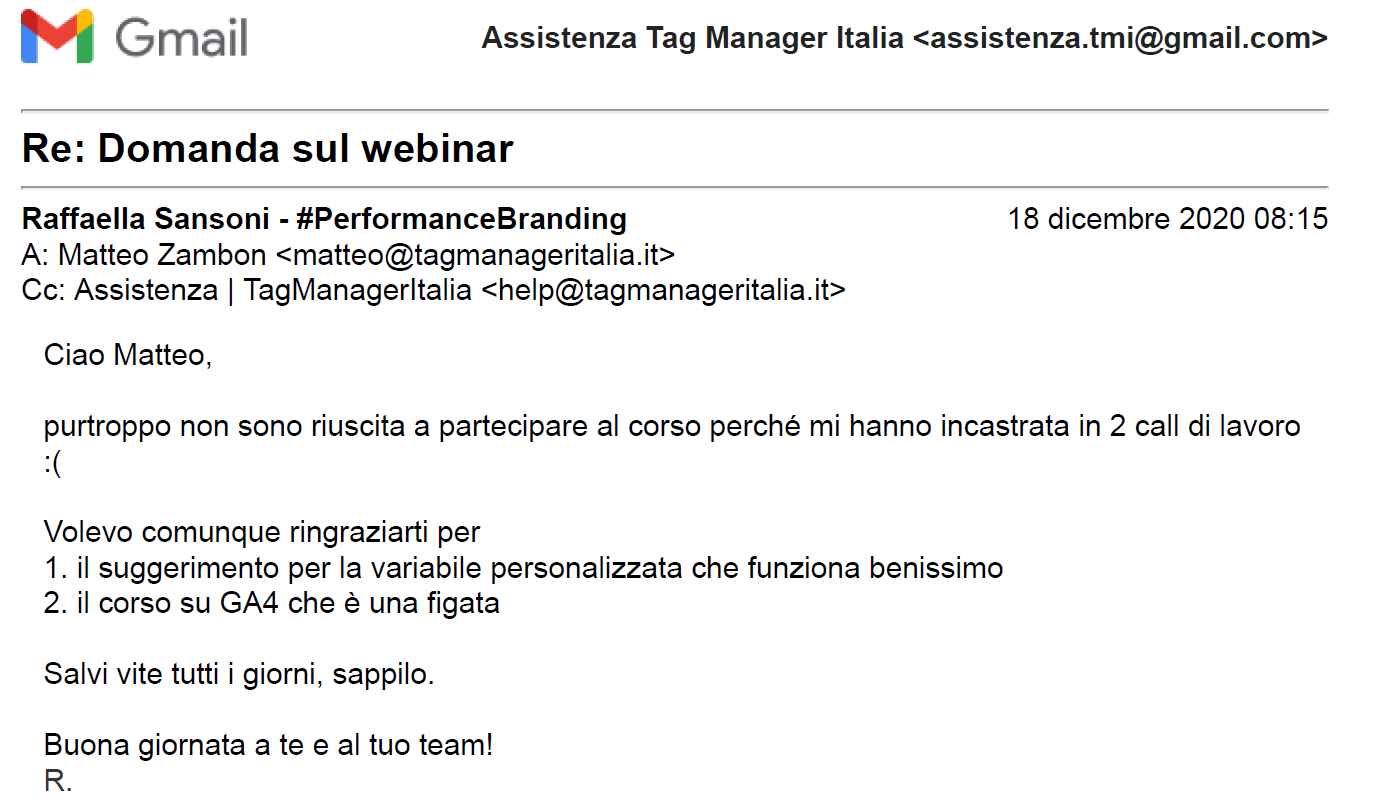 feedback corso ga4 Raffaella Sansoni
