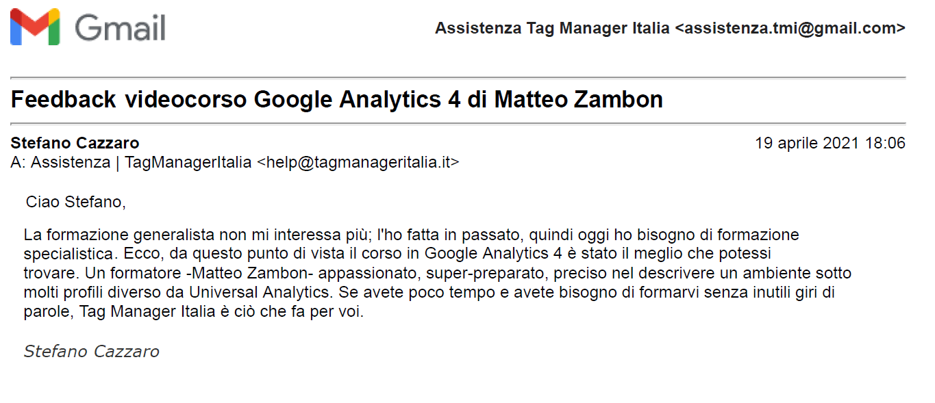 testimonianza corso google analytics 4 tag manager italia