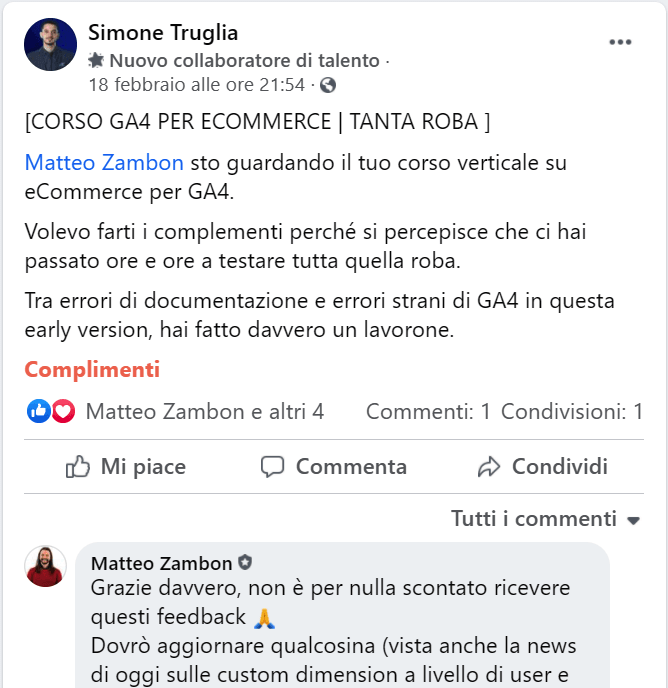 Corso GA4 testimonianza Simone Truglia corso ecommerce google analytics 4